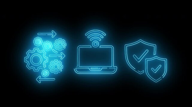 Neon blue icons of gear with arrows, laptop with Wi-Fi signal, and security shields with checkmarks on a black background with a futuristic and technological mood.