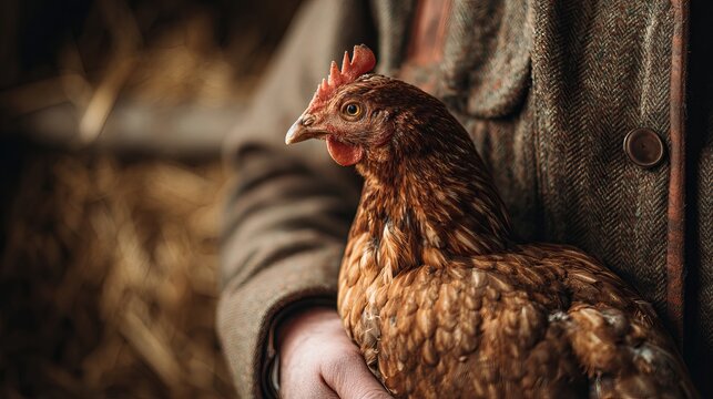 A person gently holding a brown chicken in their hand outdoors