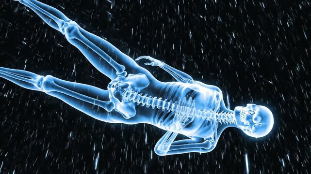 A human skeleton dives through a dark, rain-soaked environment with a sense of motion.