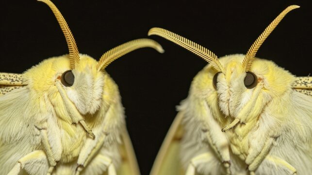 Close-up view of two light-yellow moths with detailed antennae against a dark background