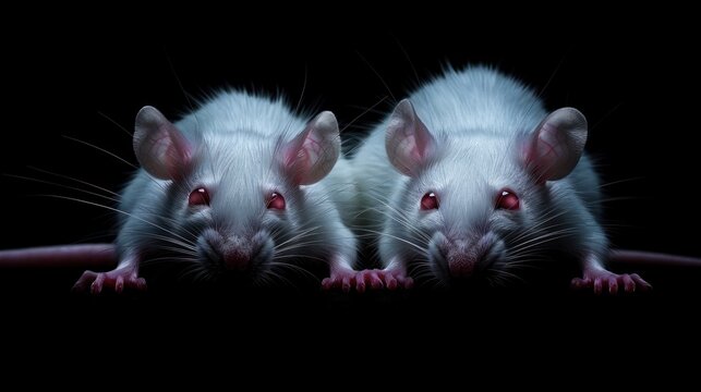 Two albino mice with glowing red eyes stare intensely, emerging from darkness