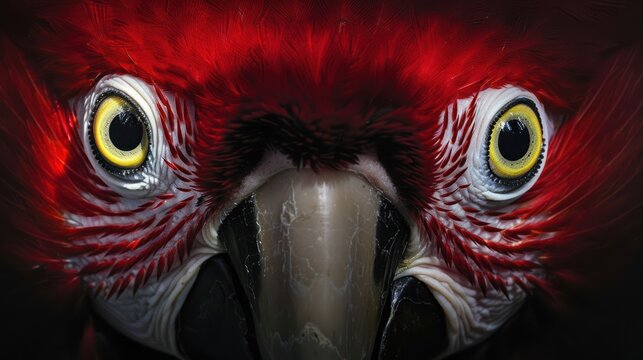 Close-up of a vibrant macaw's head, showing intense eyes and striking red plumage