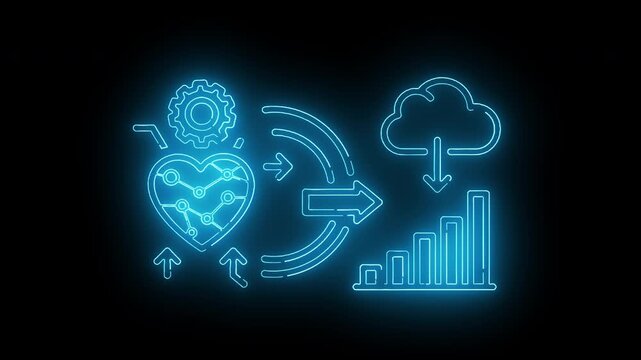 Neon-lit graphic illustration of a heart with a line graph, gear, and cloud with a bar chart on a black background with blue glowing lines and arrows.