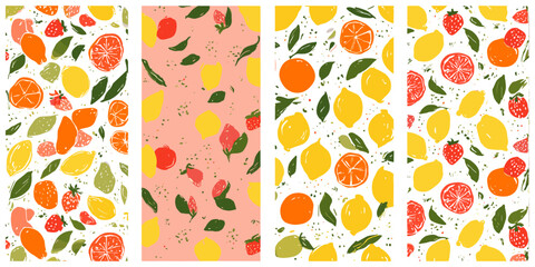 Hand drawn citrus and berry seamless pattern set with lemons oranges and strawberries for summer textile design, fresh fruit illustration, mediterranean food wallpaper, lemon background © Vintage studio