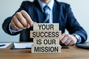 Obraz premium Executive carefully places wooden block completing a powerful mission statement for client success