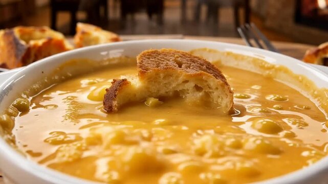 A bowl of cheesy potato soup with a piece of bread being dipped into it on a wooden table in a cozy restaurant with a fireplace in the background