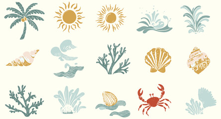 Naklejka premium Summer boho vintage icon set with palm trees sun and sea shells in hand drawn linocut style for tropical branding, beach resort logo, ocean travel clipart, nautical summer design