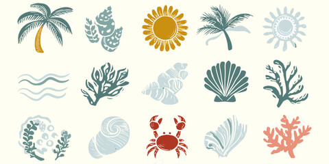 Naklejka premium Hand drawn bohemian coastal element collection featuring crab coral and ocean waves for beachwear apparel and summer stationery, retro linocut art, seashell icons, sun graphics
