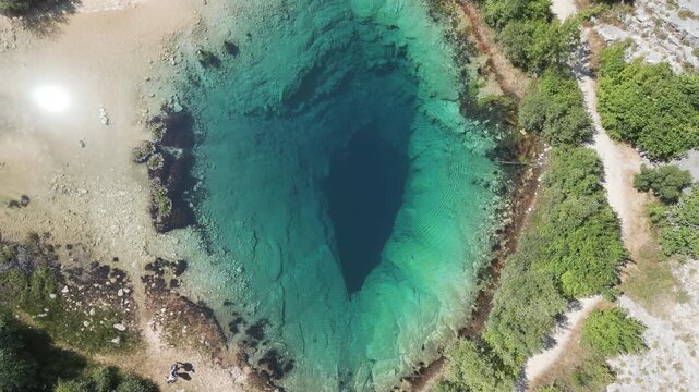 Aerial view of Cetina river spring at the foot of Dinara mountain in Croatia.