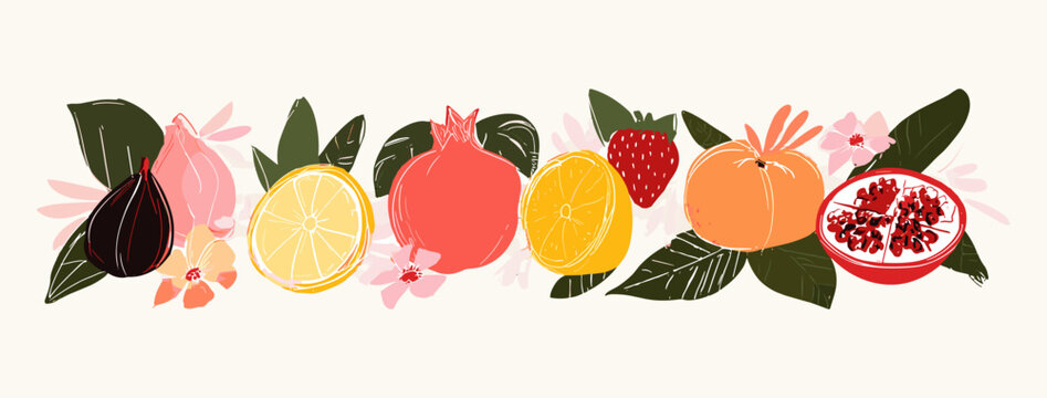 Vintage textured fruit collection featuring strawberry fig and orange with botanical leaves for Mediterranean branding, artistic food packaging, rustic market poster, fruit clipart set