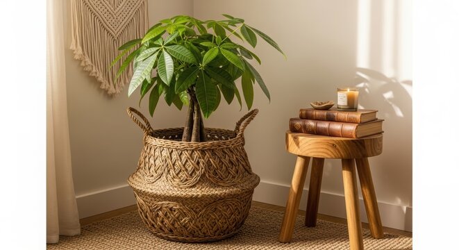 Pachira aquatica plant in woven basket next to wooden stool with old book and candle. Cozy home interior decor with natural texture and green botanical foliage for living room comfort.