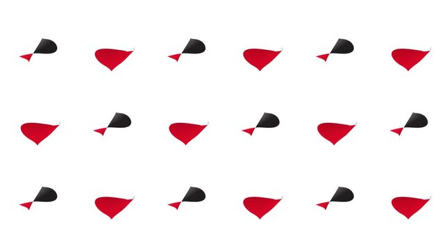 Seamless vector pattern of falling playing card suits: hearts, diamonds, clubs, spades on a clean white background. Geometric gambling animation for casino intro, poker background, and betting app UI.