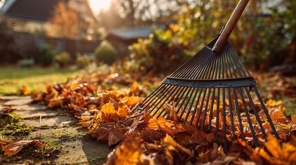 Obraz premium A rake lies on the ground amidst a pile of fallen leaves in a residential yard during autumn.