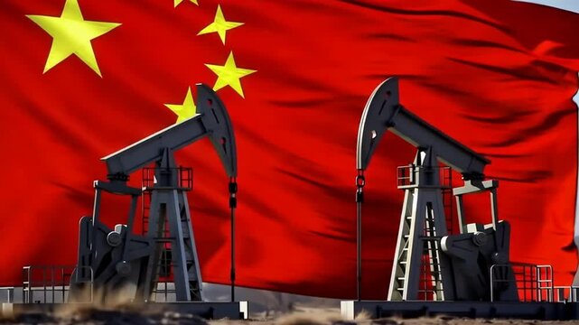 Oil rigs pumping in desert under waving red flag with yellow stars