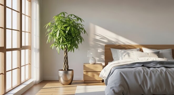 Pachira aquatica plant in pot inside sunlit minimalist bedroom. Interior design with money tree near window and wooden bed frame. Modern home decor, relaxation and natural comfort concept.