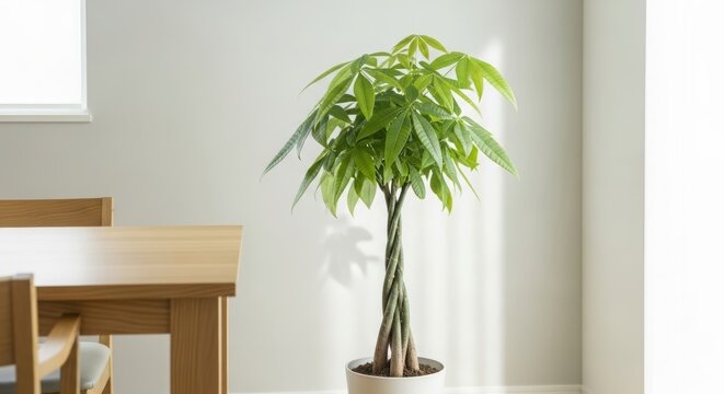 Pachira aquatica plant in pot standing in bright room. Money tree interior decoration for home. Indoor gardening and nature living concept. Minimalist style lifestyle background design.