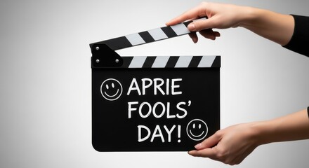 Obraz premium Hands holding a clapperboard for april fools' day