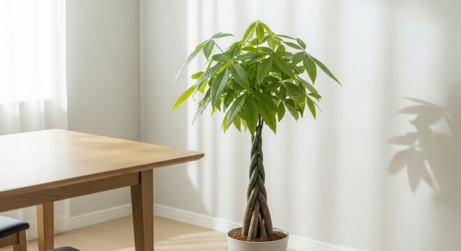 Pachira aquatica plant in white pot standing in bright room. Money tree with braided trunk for home interior decor. Botanical element for modern living space design and wellness concept.