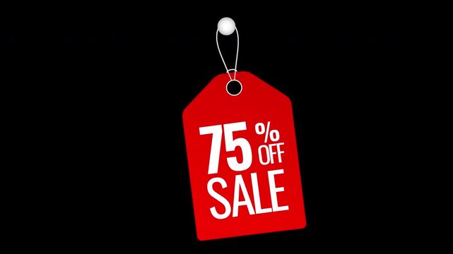 Animated discount badge, 75 % off red shopping sticker motion graphic with alpha channel.