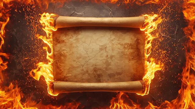An ancient, weathered scroll with blank parchment is framed by fiery flames, creating a dramatic, intense border