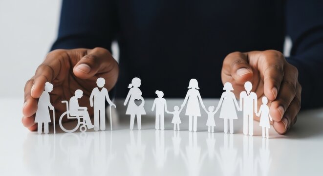 Diverse paper family figures protected by hands