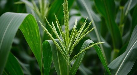 Fototapeta premium Close-up of Growing Corn Stalks With Green Leaves and Young Ear