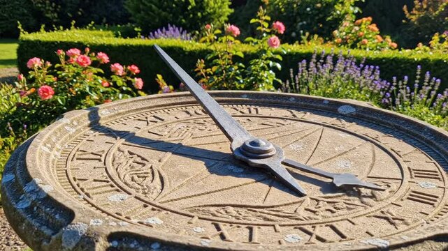Ancient sundial in a beautiful garden with flowers and greenery, indicating time