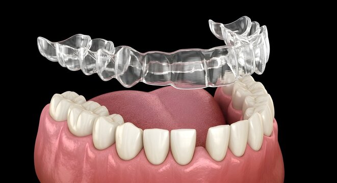 Ilustraci&oacute;n 3D alineador dental transparente ortodoncia