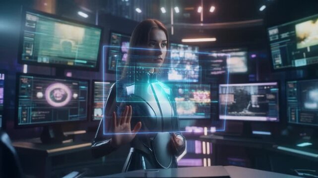 Woman interacting with futuristic holographic interface in a high-tech control room with multiple screens displaying data and information
