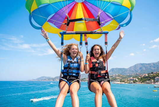 Young women parasailing above ocean with colorful parachute thrill