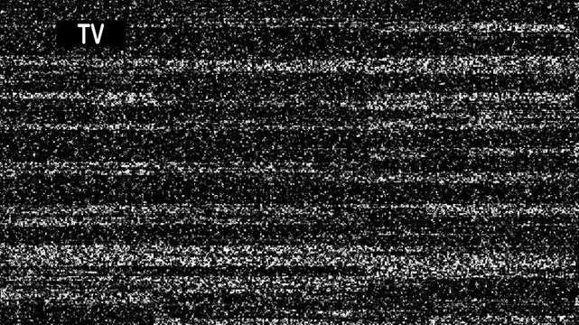 Old TV screen shows static noise. Black and white pixelation fills entire frame. Signal loss creates chaotic visual distortion. 4K Video