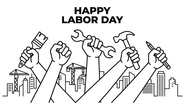 Labor day coloring page with worker hands and city skyline outline