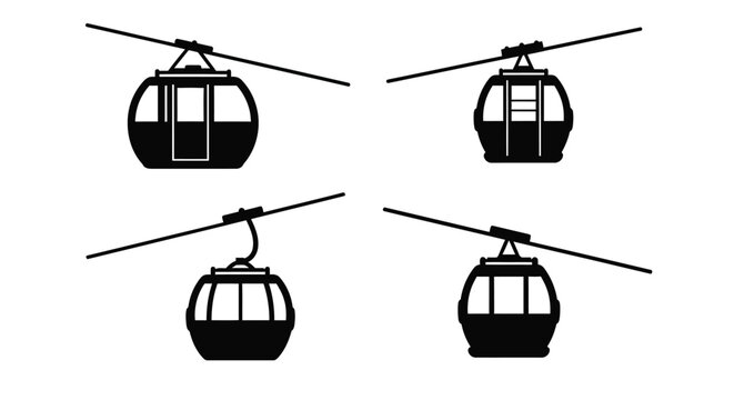 Four black cable car icons depicted in a minimalist silhouette