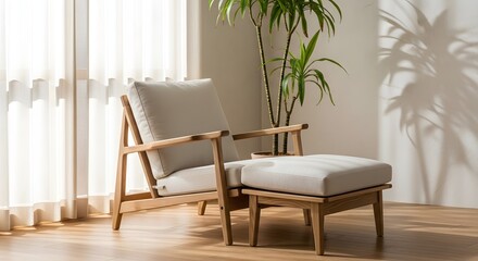 Fototapeta premium Chair and Ottoman Set on Light Wood Floor, White Cushions, Natural Light Through Window, Minimalist View