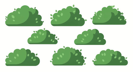 Fototapeta premium Set of eight stylized green bush vector illustrations with organic leaf details. Diverse shrub shapes isolated on white background for landscape design, gaming assets, and icons.