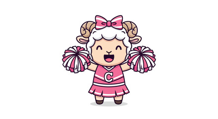 Cute cartoon sheep cheerleader with pink bow and pom-poms. © Haroh