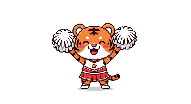 Cute cartoon tiger cheerleader with pom poms.