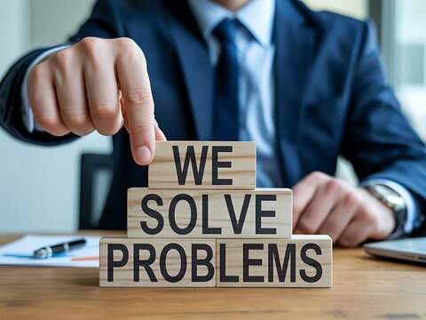 Professional hand carefully placing wooden blocks to spell out WE SOLVE PROBLEMS for business strategy