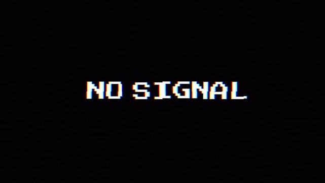 A retro pixelated 'NO SIGNAL' message displayed on a screen with a glitch effect, representing a broadcast disruption and complete connection loss due to a technical error