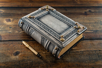 vintage leather book on the wooden table 