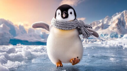 Fototapeta premium Playful Penguin Wearing Tiny Scarf Sliding Across Winter Landscape