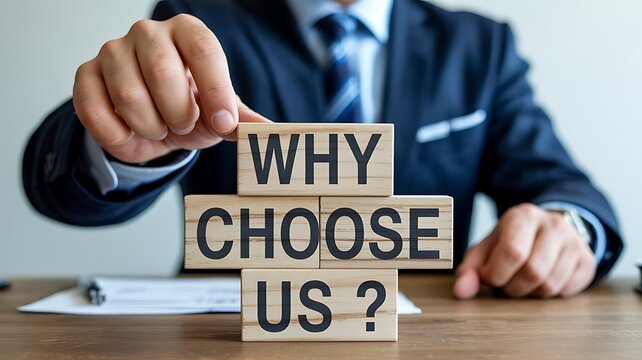 Professional Hand Stacks Wooden Blocks Forming Why Choose Us Question on Business Desk