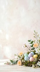 Fototapeta premium Pastel colored Easter eggs in a nest surrounded by spring flowers. Soft, light-filled background enhances a serene mood.