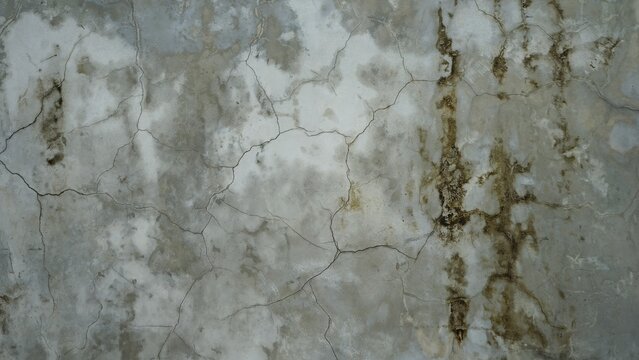 Grungy cracked concrete wall with weathered moss and damp stains