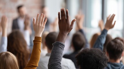 A diverse group of people raising their hands in a meeting or presentation