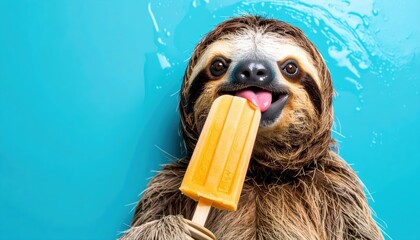 Fototapeta premium Delightful sloth enjoys a refreshing popsicle treat on a vibrant blue backdrop