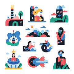 Fototapeta premium Colorful geometric illustrations of various whimsical objects and characters