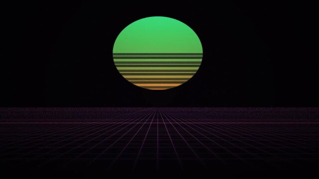 Retro Sunset Grid Landscape Digital Art with Neon Grid Floor and Starry Night Sky