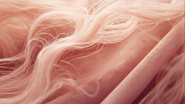 Close-up of flowing blonde hair strands intertwined, soft lighting enhances the silky texture and natural shine