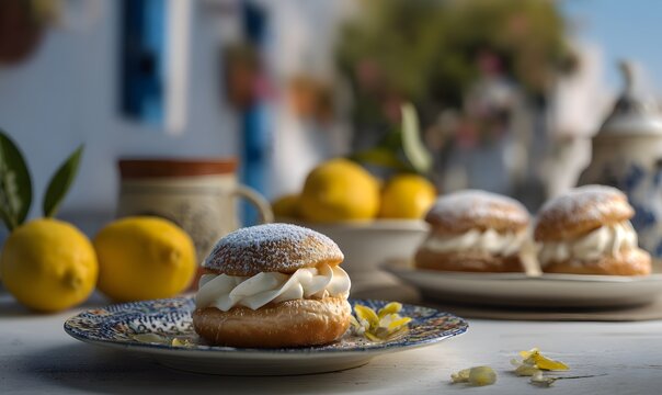 Being small Italian village surrounded lemon tree feasting famous Sfinge which Sicilian doughnut filled cannoli cream clean professional stock photo sharp macro photography style cinematic realism